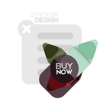 Düz tasarım üçgen ok şekli geometrik etiket simgesi, kağıt tarzı tasarım ile satın iş veya web sunumu, app veya arayüzü düğmeleri, internet web sitesi için örnek metin depolamak şimdi afiş