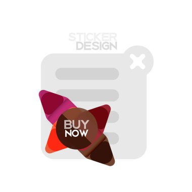 Düz tasarım üçgen ok şekli geometrik etiket simgesi, kağıt tarzı tasarım ile satın iş veya web sunumu, app veya arayüzü düğmeleri, internet web sitesi için örnek metin depolamak şimdi afiş