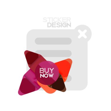 Düz tasarım üçgen ok şekli geometrik etiket simgesi, kağıt tarzı tasarım ile satın iş veya web sunumu, app veya arayüzü düğmeleri, internet web sitesi için örnek metin depolamak şimdi afiş