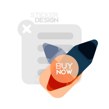 Düz tasarım üçgen ok şekli geometrik etiket simgesi, kağıt tarzı tasarım ile satın iş veya web sunumu, app veya arayüzü düğmeleri, internet web sitesi için örnek metin depolamak şimdi afiş