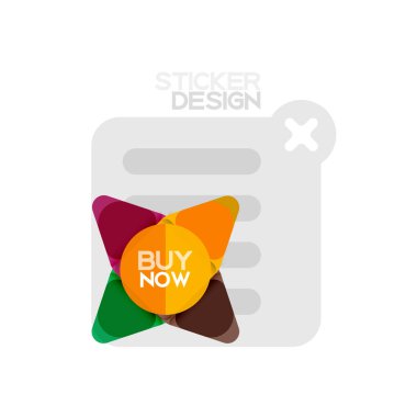 Düz tasarım üçgen ok şekli geometrik etiket simgesi, kağıt tarzı tasarım ile satın iş veya web sunumu, app veya arayüzü düğmeleri, internet web sitesi için örnek metin depolamak şimdi afiş