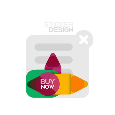 Düz tasarım üçgen ok şekli geometrik etiket simgesi, kağıt tarzı tasarım ile satın iş veya web sunumu, app veya arayüzü düğmeleri, internet web sitesi için örnek metin depolamak şimdi afiş