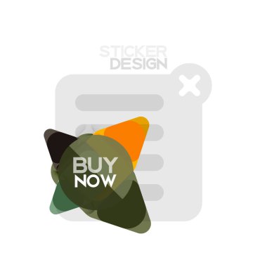 Düz tasarım üçgen ok şekli geometrik etiket simgesi, kağıt tarzı tasarım ile satın iş veya web sunumu, app veya arayüzü düğmeleri, internet web sitesi için örnek metin depolamak şimdi afiş