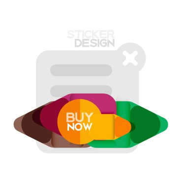 Düz tasarım üçgen ok şekli geometrik etiket simgesi, kağıt tarzı tasarım ile satın iş veya web sunumu, app veya arayüzü düğmeleri, internet web sitesi için örnek metin depolamak şimdi afiş