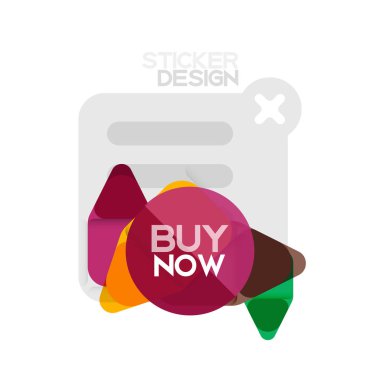 Düz tasarım üçgen ok şekli geometrik etiket simgesi, kağıt tarzı tasarım ile satın iş veya web sunumu, app veya arayüzü düğmeleri, internet web sitesi için örnek metin depolamak şimdi afiş