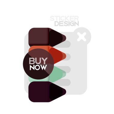 Düz tasarım üçgen ok şekli geometrik etiket simgesi, kağıt tarzı tasarım ile satın iş veya web sunumu, app veya arayüzü düğmeleri, internet web sitesi için örnek metin depolamak şimdi afiş