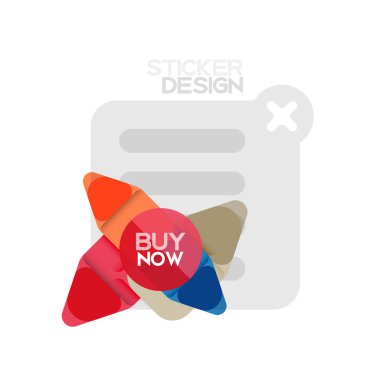 Düz tasarım üçgen ok şekli geometrik etiket simgesi, kağıt tarzı tasarım ile satın iş veya web sunumu, app veya arayüzü düğmeleri, internet web sitesi için örnek metin depolamak şimdi afiş