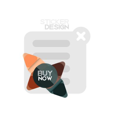 Düz tasarım üçgen ok şekli geometrik etiket simgesi, kağıt tarzı tasarım ile satın iş veya web sunumu, app veya arayüzü düğmeleri, internet web sitesi için örnek metin depolamak şimdi afiş