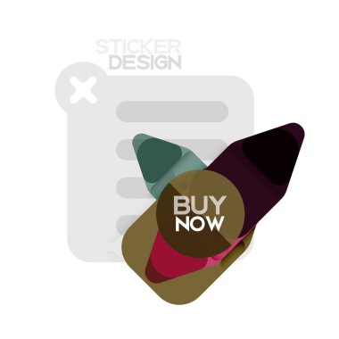 Düz tasarım üçgen ok şekli geometrik etiket simgesi, kağıt tarzı tasarım ile satın iş veya web sunumu, app veya arayüzü düğmeleri, internet web sitesi için örnek metin depolamak şimdi afiş