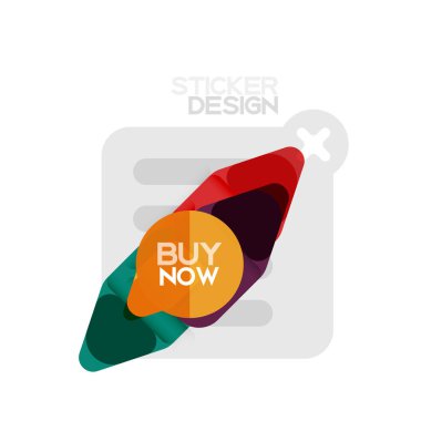 Düz tasarım üçgen ok şekli geometrik etiket simgesi, kağıt tarzı tasarım ile satın iş veya web sunumu, app veya arayüzü düğmeleri, internet web sitesi için örnek metin depolamak şimdi afiş