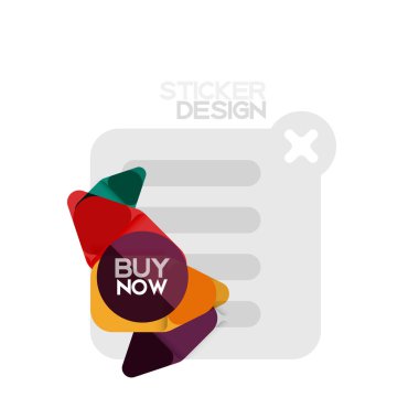 Düz tasarım üçgen ok şekli geometrik etiket simgesi, kağıt tarzı tasarım ile satın iş veya web sunumu, app veya arayüzü düğmeleri, internet web sitesi için örnek metin depolamak şimdi afiş