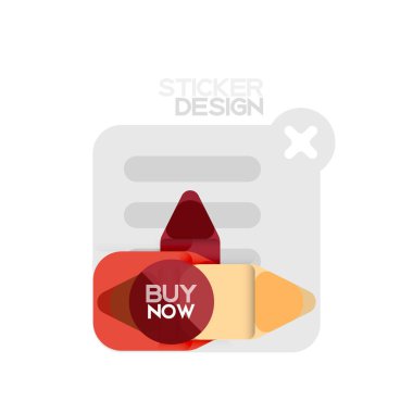 Düz tasarım üçgen ok şekli geometrik etiket simgesi, kağıt tarzı tasarım ile satın iş veya web sunumu, app veya arayüzü düğmeleri, internet web sitesi için örnek metin depolamak şimdi afiş