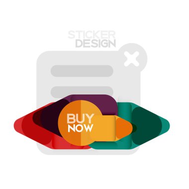 Düz tasarım üçgen ok şekli geometrik etiket simgesi, kağıt tarzı tasarım ile satın iş veya web sunumu, app veya arayüzü düğmeleri, internet web sitesi için örnek metin depolamak şimdi afiş