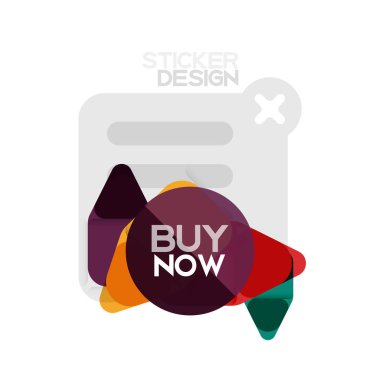 Düz tasarım üçgen ok şekli geometrik etiket simgesi, kağıt tarzı tasarım ile satın iş veya web sunumu, app veya arayüzü düğmeleri, internet web sitesi için örnek metin depolamak şimdi afiş