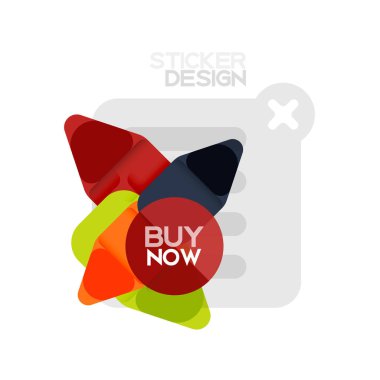 Düz tasarım üçgen ok şekli geometrik etiket simgesi, kağıt tarzı tasarım ile satın iş veya web sunumu, app veya arayüzü düğmeleri, internet web sitesi için örnek metin depolamak şimdi afiş