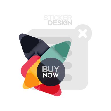 Düz tasarım üçgen ok şekli geometrik etiket simgesi, kağıt tarzı tasarım ile satın iş veya web sunumu, app veya arayüzü düğmeleri, internet web sitesi için örnek metin depolamak şimdi afiş