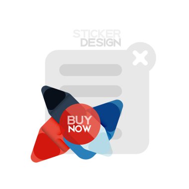 Düz tasarım üçgen ok şekli geometrik etiket simgesi, kağıt tarzı tasarım ile satın iş veya web sunumu, app veya arayüzü düğmeleri, internet web sitesi için örnek metin depolamak şimdi afiş