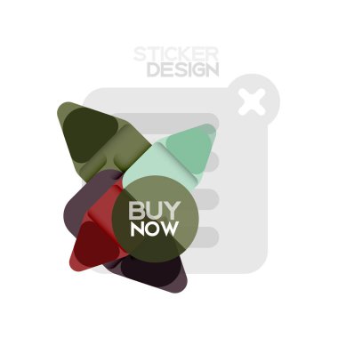 Düz tasarım üçgen ok şekli geometrik etiket simgesi, kağıt tarzı tasarım ile satın iş veya web sunumu, app veya arayüzü düğmeleri, internet web sitesi için örnek metin depolamak şimdi afiş