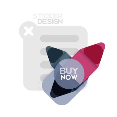 Düz tasarım üçgen ok şekli geometrik etiket simgesi, kağıt tarzı tasarım ile satın iş veya web sunumu, app veya arayüzü düğmeleri, internet web sitesi için örnek metin depolamak şimdi afiş