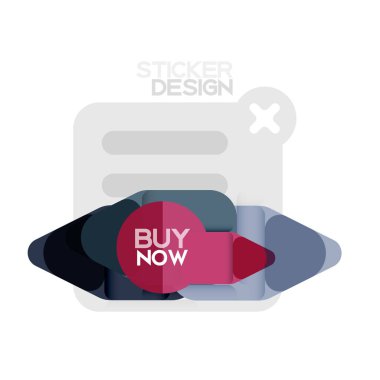 Düz tasarım üçgen ok şekli geometrik etiket simgesi, kağıt tarzı tasarım ile satın iş veya web sunumu, app veya arayüzü düğmeleri, internet web sitesi için örnek metin depolamak şimdi afiş