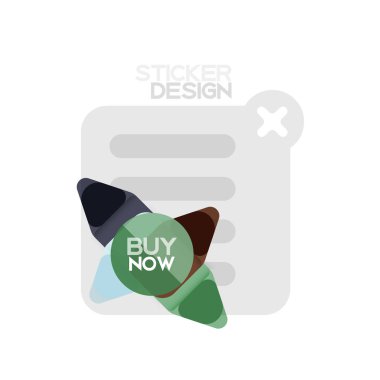 Düz tasarım üçgen ok şekli geometrik etiket simgesi, kağıt tarzı tasarım ile satın iş veya web sunumu, app veya arayüzü düğmeleri, internet web sitesi için örnek metin depolamak şimdi afiş