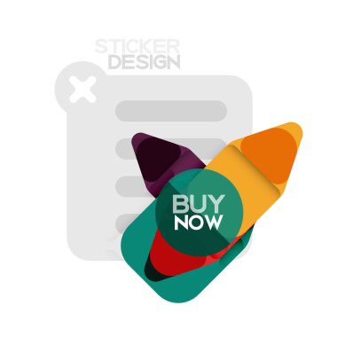 Düz tasarım üçgen ok şekli geometrik etiket simgesi, kağıt tarzı tasarım ile satın iş veya web sunumu, app veya arayüzü düğmeleri, internet web sitesi için örnek metin depolamak şimdi afiş