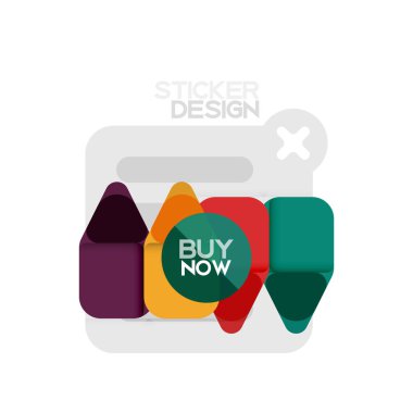 Düz tasarım üçgen ok şekli geometrik etiket simgesi, kağıt tarzı tasarım ile satın iş veya web sunumu, app veya arayüzü düğmeleri, internet web sitesi için örnek metin depolamak şimdi afiş