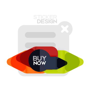 Düz tasarım üçgen ok şekli geometrik etiket simgesi, kağıt tarzı tasarım ile satın iş veya web sunumu, app veya arayüzü düğmeleri, internet web sitesi için örnek metin depolamak şimdi afiş