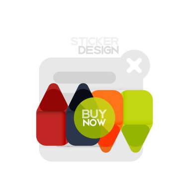 Düz tasarım üçgen ok şekli geometrik etiket simgesi, kağıt tarzı tasarım ile satın iş veya web sunumu, app veya arayüzü düğmeleri, internet web sitesi için örnek metin depolamak şimdi afiş