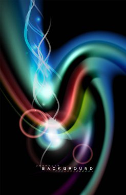 Siyah, sıvı üzerinde renk parlak ışık efektleri çok renkli dalgalı şekil stili. Tanıtım, app duvar kağıdı, başlık sayfası veya poster, geometrik tasarım için sanatsal illüstrasyon