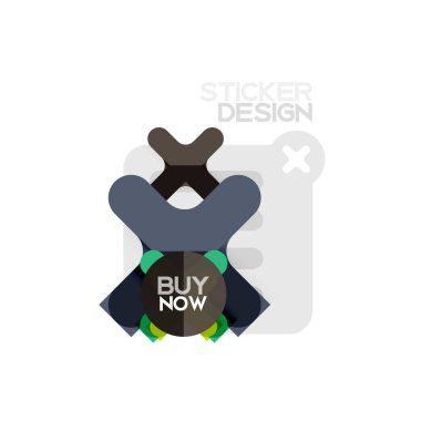 Düz tasarım çapraz şekil geometrik etiket simge, kağıt tarzı tasarım şimdi satın almak ile iş veya web sunum, app veya arayüzü düğmeleri için örnek metin