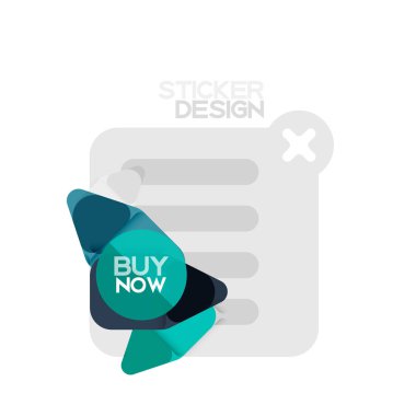 Düz tasarım üçgen ok şekli geometrik etiket simgesi, kağıt tarzı tasarım ile satın iş veya web sunumu, app veya arayüzü düğmeleri, internet web sitesi için örnek metin depolamak şimdi afiş