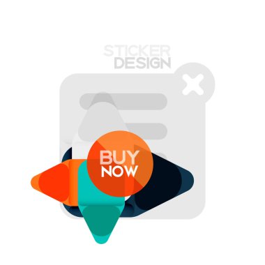 Düz tasarım üçgen ok şekli geometrik etiket simgesi, kağıt tarzı tasarım ile satın iş veya web sunumu, app veya arayüzü düğmeleri, internet web sitesi için örnek metin depolamak şimdi afiş