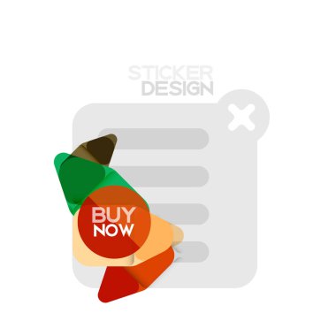 Düz tasarım üçgen ok şekli geometrik etiket simgesi, kağıt tarzı tasarım ile satın iş veya web sunumu, app veya arayüzü düğmeleri, internet web sitesi için örnek metin depolamak şimdi afiş