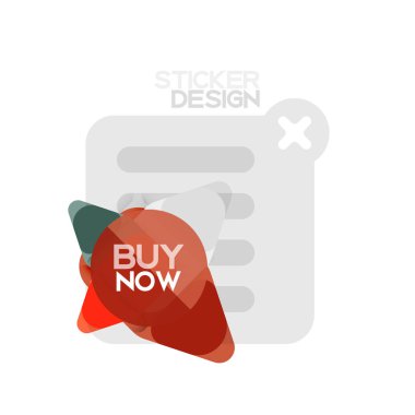 Düz tasarım üçgen ok şekli geometrik etiket simgesi, kağıt tarzı tasarım ile satın iş veya web sunumu, app veya arayüzü düğmeleri, internet web sitesi için örnek metin depolamak şimdi afiş