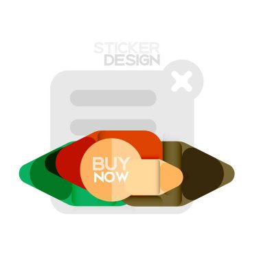 Düz tasarım üçgen ok şekli geometrik etiket simgesi, kağıt tarzı tasarım ile satın iş veya web sunumu, app veya arayüzü düğmeleri, internet web sitesi için örnek metin depolamak şimdi afiş