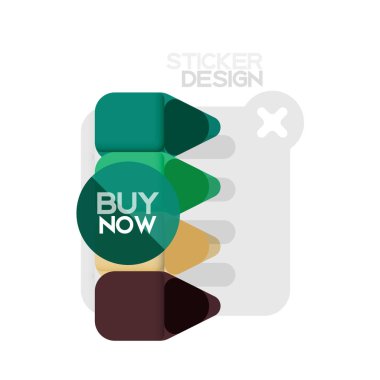 Düz tasarım üçgen ok şekli geometrik etiket simgesi, kağıt tarzı tasarım ile satın iş veya web sunumu, app veya arayüzü düğmeleri, internet web sitesi için örnek metin depolamak şimdi afiş