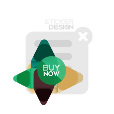 Düz tasarım üçgen ok şekli geometrik etiket simgesi, kağıt tarzı tasarım ile satın iş veya web sunumu, app veya arayüzü düğmeleri, internet web sitesi için örnek metin depolamak şimdi afiş