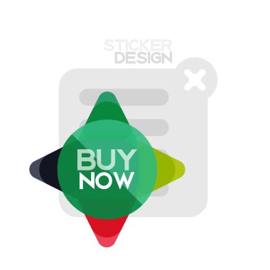 Düz tasarım üçgen ok şekli geometrik etiket simgesi, kağıt tarzı tasarım ile satın iş veya web sunumu, app veya arayüzü düğmeleri, internet web sitesi için örnek metin depolamak şimdi afiş