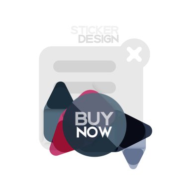 Düz tasarım üçgen ok şekli geometrik etiket simgesi, kağıt tarzı tasarım ile satın iş veya web sunumu, app veya arayüzü düğmeleri, internet web sitesi için örnek metin depolamak şimdi afiş