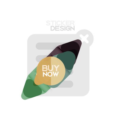 Düz tasarım üçgen ok şekli geometrik etiket simgesi, kağıt tarzı tasarım ile satın iş veya web sunumu, app veya arayüzü düğmeleri, internet web sitesi için örnek metin depolamak şimdi afiş