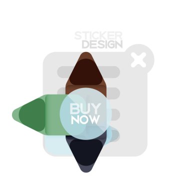 Düz tasarım üçgen ok şekli geometrik etiket simgesi, kağıt tarzı tasarım ile satın iş veya web sunumu, app veya arayüzü düğmeleri, internet web sitesi için örnek metin depolamak şimdi afiş