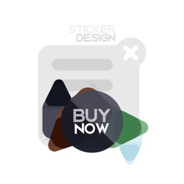 Düz tasarım üçgen ok şekli geometrik etiket simgesi, kağıt tarzı tasarım ile satın iş veya web sunumu, app veya arayüzü düğmeleri, internet web sitesi için örnek metin depolamak şimdi afiş