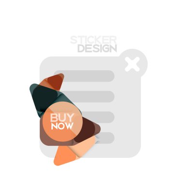 Düz tasarım üçgen ok şekli geometrik etiket simgesi, kağıt tarzı tasarım iş veya web sunumu, app veya arayüzü düğmeleri, internet web sitesi için satın almak şimdi örnek metin ile mağaza afiş ve