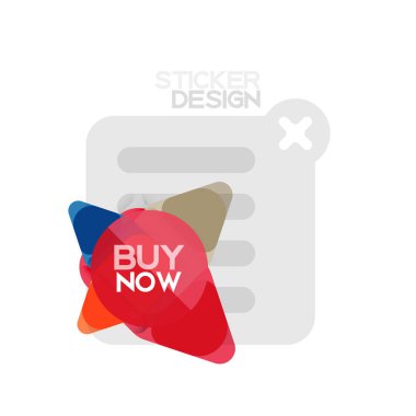 Düz tasarım üçgen ok şekli geometrik etiket simgesi, kağıt tarzı tasarım ile satın iş veya web sunumu, app veya arayüzü düğmeleri, internet web sitesi için örnek metin depolamak şimdi afiş