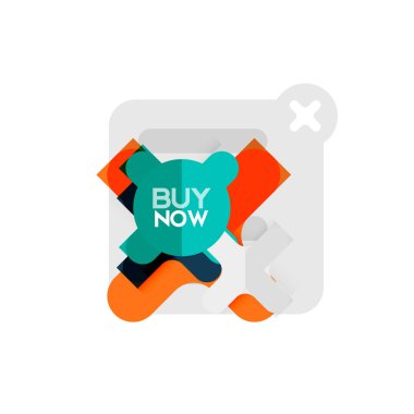 Düz tasarım çapraz şekil geometrik etiket simge, kağıt tarzı tasarım şimdi satın almak ile iş veya web sunum, app veya arayüzü düğmeleri için örnek metin