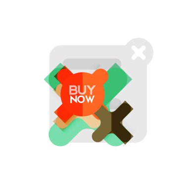 Düz tasarım çapraz şekil geometrik etiket simge, kağıt tarzı tasarım şimdi satın almak ile iş veya web sunum, app veya arayüzü düğmeleri için örnek metin