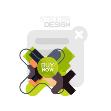 Düz tasarım çapraz şekil geometrik etiket simge, kağıt tarzı tasarım şimdi satın almak ile iş veya web sunum, app veya arayüzü düğmeleri için örnek metin