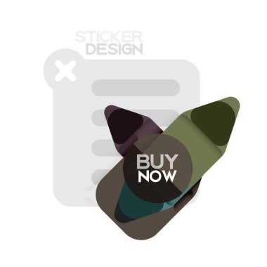 Düz tasarım üçgen ok şekli geometrik etiket simgesi, kağıt tarzı tasarım ile satın iş veya web sunumu, app veya arayüzü düğmeleri, internet web sitesi için örnek metin depolamak şimdi afiş