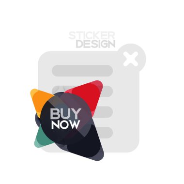 Düz tasarım üçgen ok şekli geometrik etiket simgesi, kağıt tarzı tasarım ile satın iş veya web sunumu, app veya arayüzü düğmeleri, internet web sitesi için örnek metin depolamak şimdi afiş